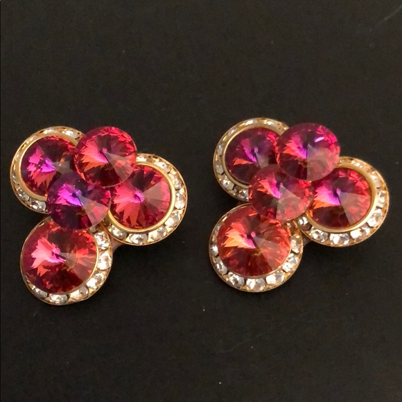 Jewelry - HOT PINK IRIDESCENT RHINESTONE GEM GOLD EARRINGS